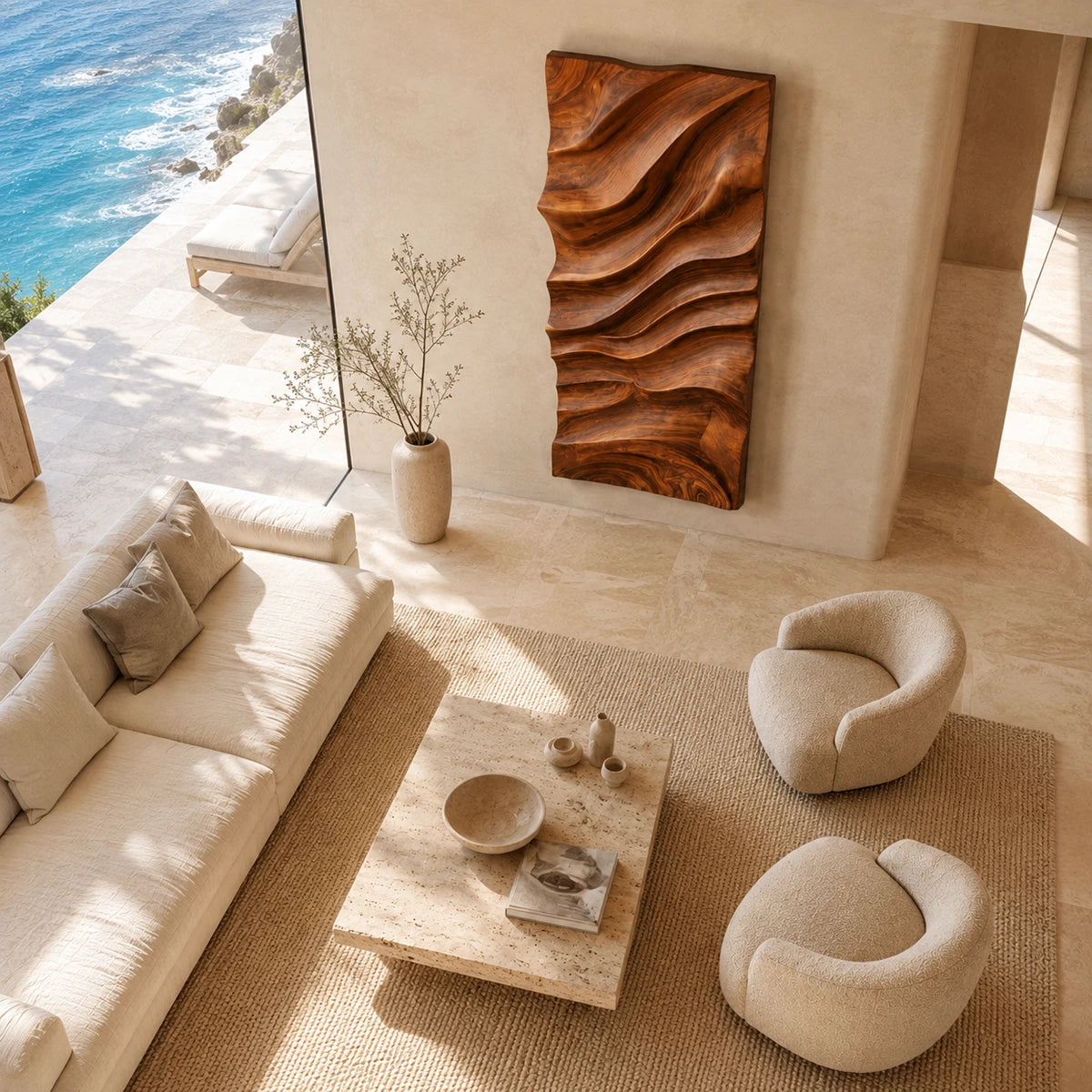 Statement wall art with deep carved curves creates artistic impact above lounge furniture