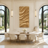 Modern wall sculpture with fluid carved patterns adds architectural interest to open rooms