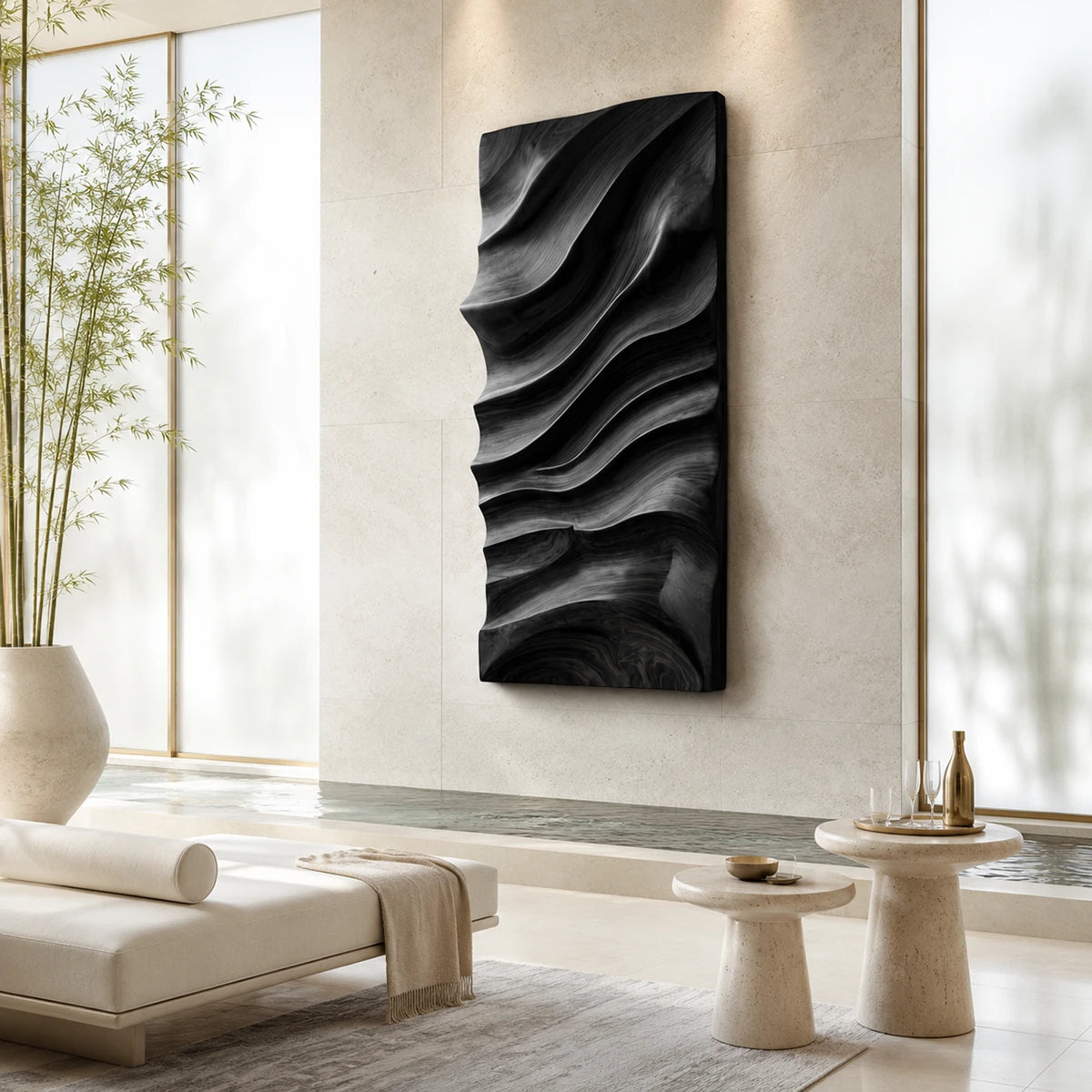 Artistic wall panel with flowing relief design creates a refined centerpiece for home decor