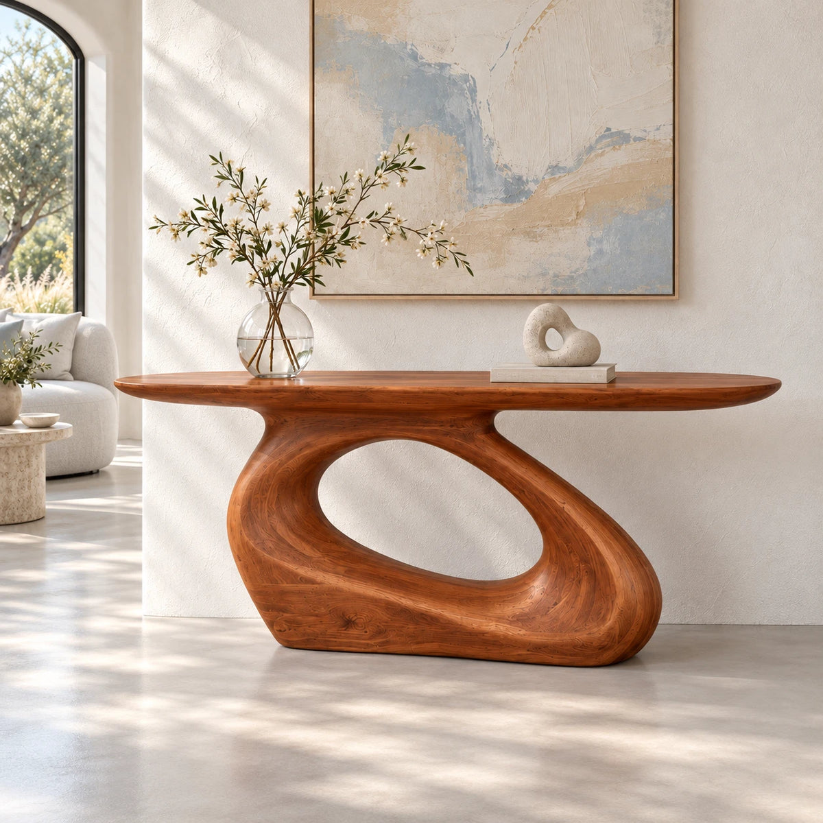 Sculptural Wood Console Table with a Flowing Carved Pedestal Base - Arboriswood - 2