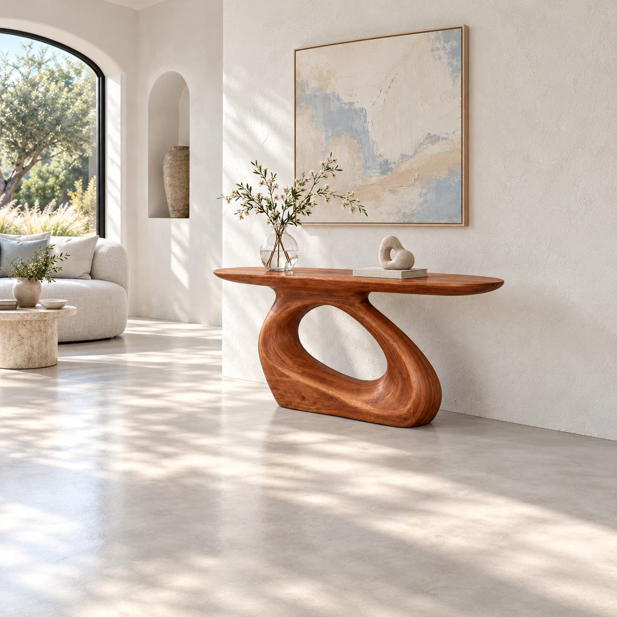 Sculptural Wood Console Table with a Flowing Carved Pedestal Base - Arboriswood - 3