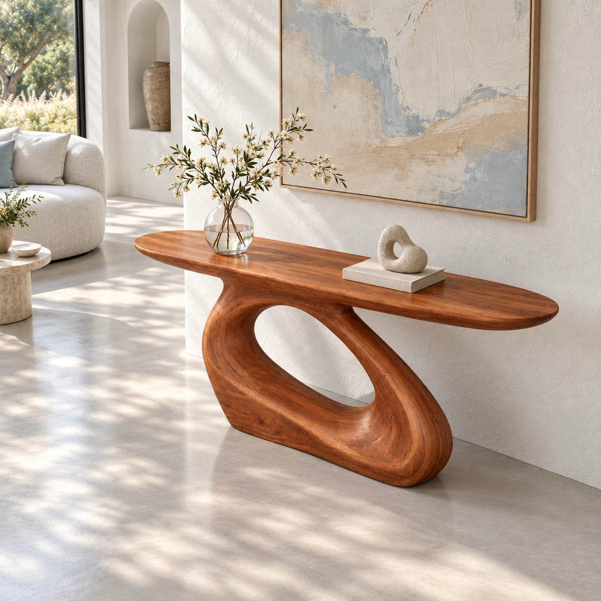 Sculptural Wood Console Table with a Flowing Carved Pedestal Base - Arboriswood - 5