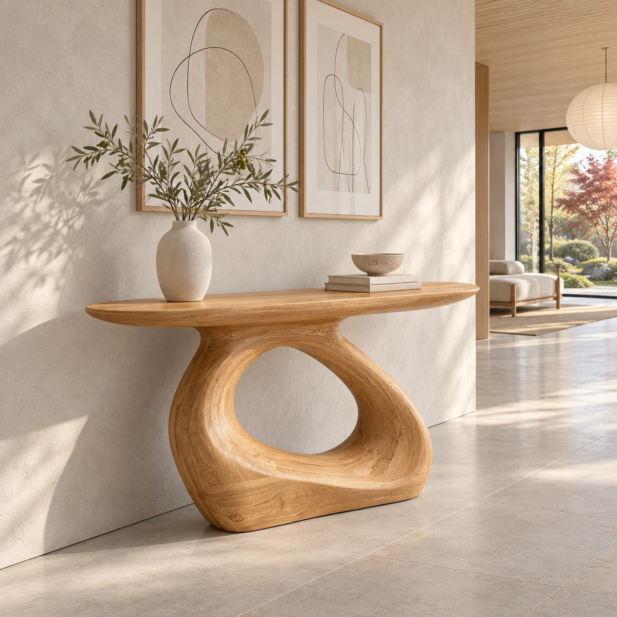 Sculptural Wood Console Table with a Flowing Carved Pedestal Base - Arboriswood - 9