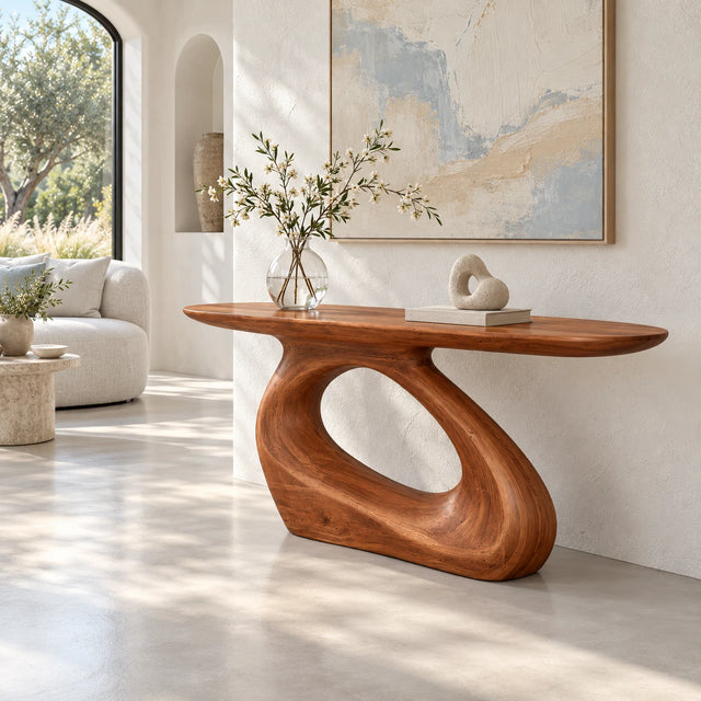 Sculptural Wood Console Table with a Flowing Carved Pedestal Base - Arboriswood