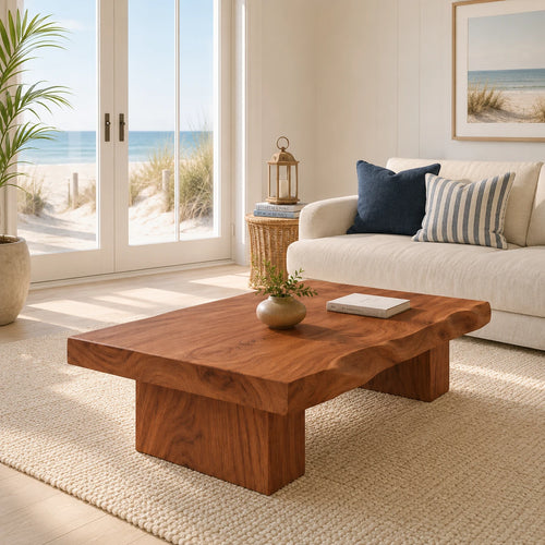 Handcrafted coffee table featuring a thick top and sturdy base for relaxed beach interiors