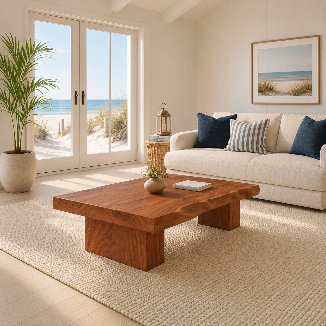 Solid wood coffee table with broad slab top and block legs in a bright coastal living room