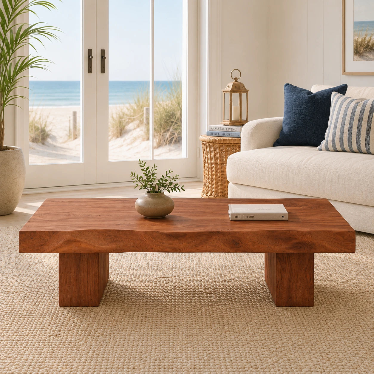 Modern coffee table with wide solid wood top and bold block legs for open living spaces