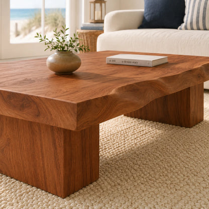 Low profile coffee table with thick slab top and broad legs for calm coastal interiors