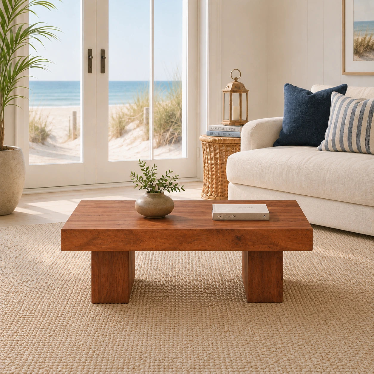 Premium coffee table with a broad slab top and chunky solid wood base for modern interiors