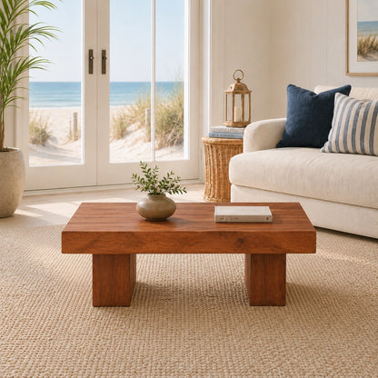 Premium coffee table with a broad slab top and chunky solid wood base for modern interiors