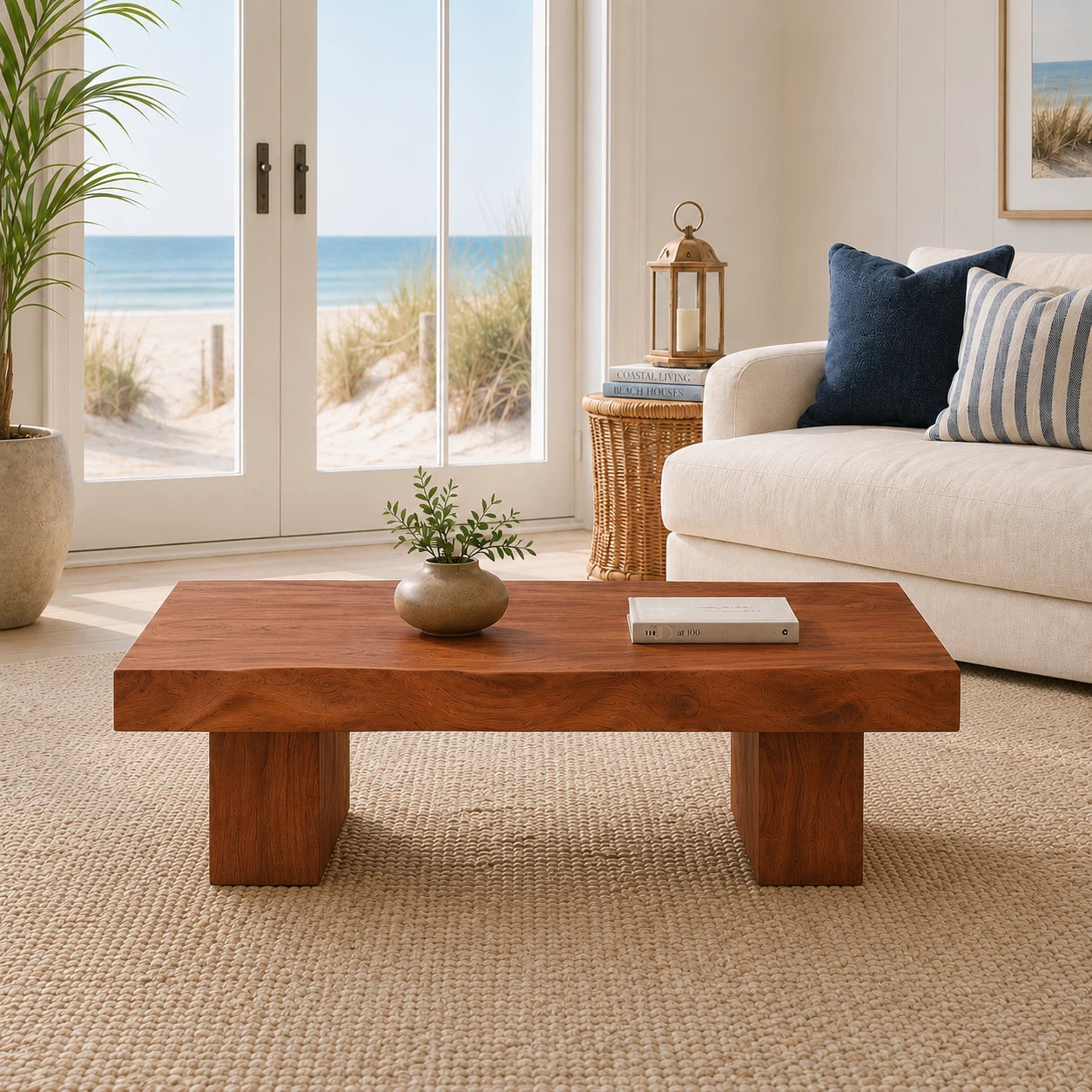 Minimalist coffee table with thick solid wood top and block legs for airy interiors