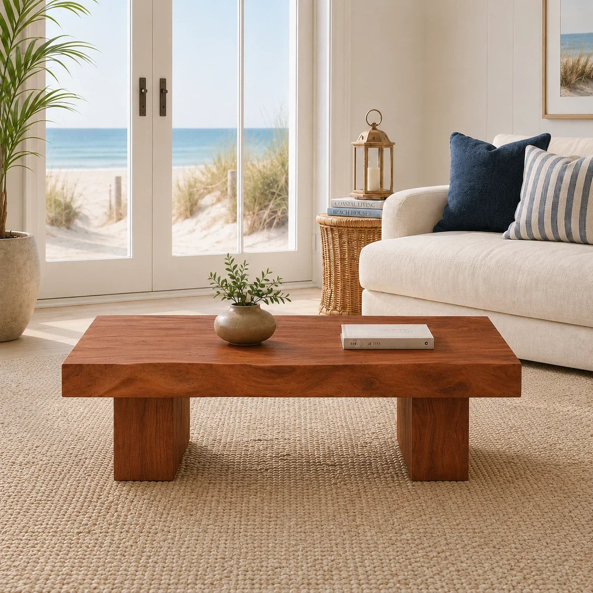 Minimalist coffee table with thick solid wood top and block legs for airy interiors