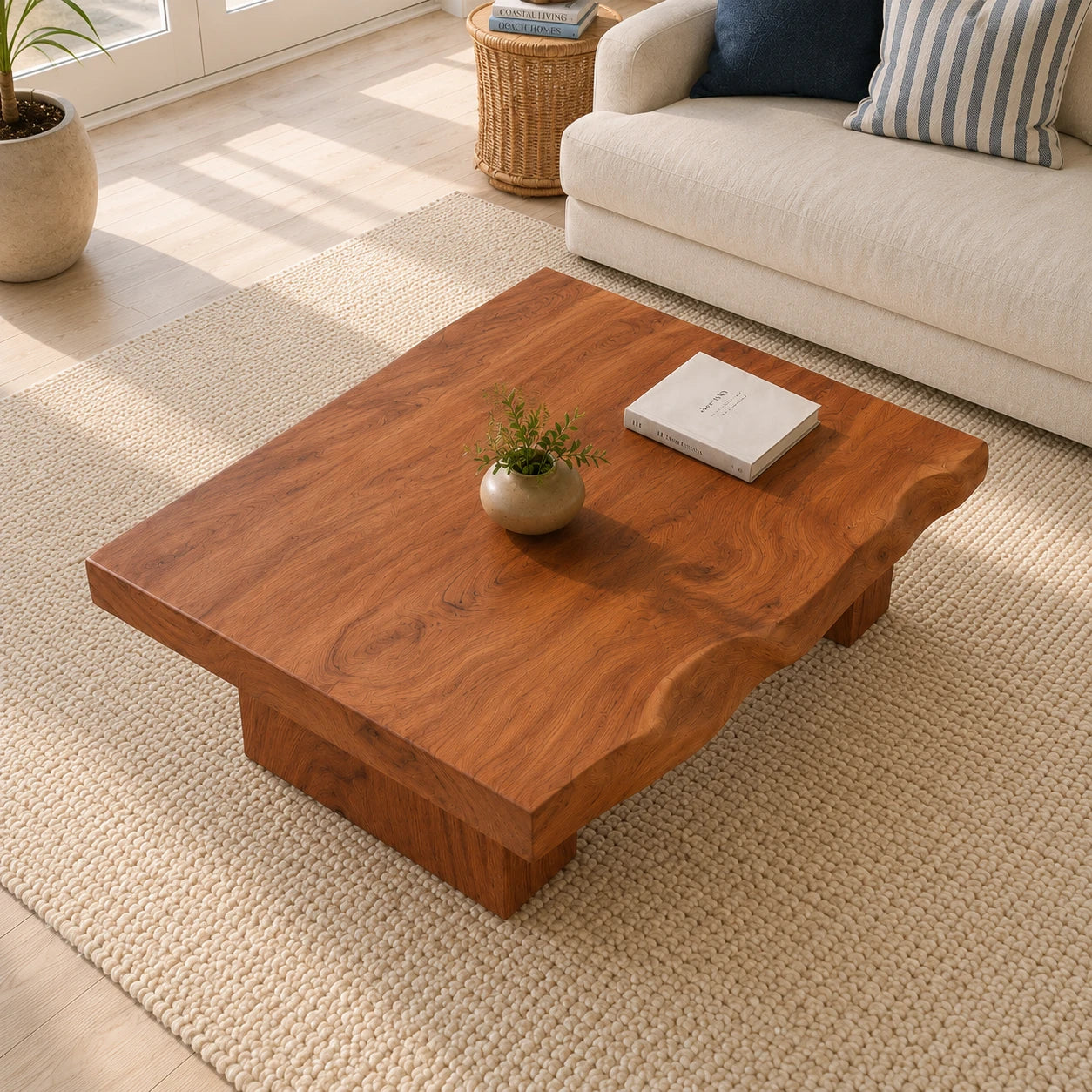 Designer coffee table with broad top and handcrafted solid wood pedestal supports