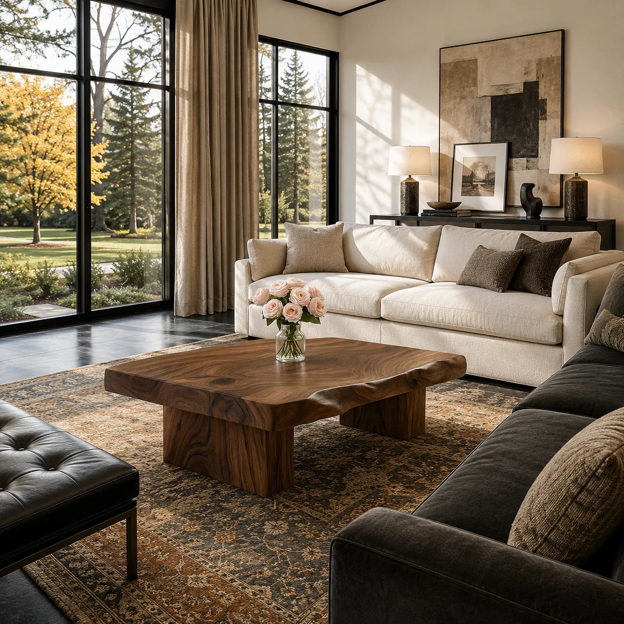 Living room coffee table with thick solid wood top and wide legs for a coastal setting