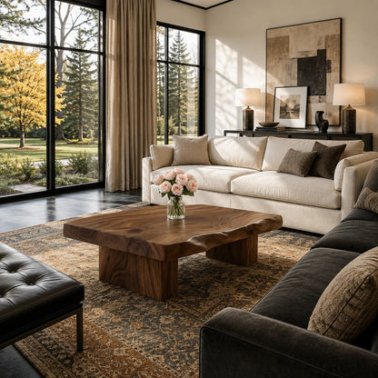 Living room coffee table with thick solid wood top and wide legs for a coastal setting