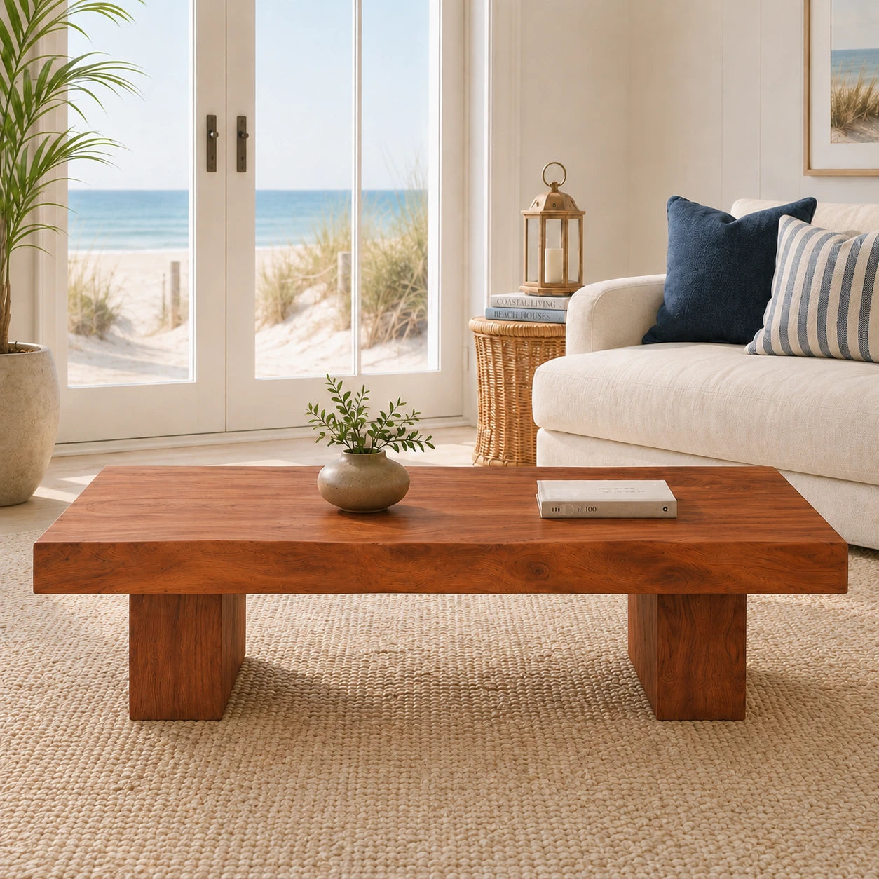 Coastal coffee table with handcrafted slab top and sturdy solid wood legs for bright homes