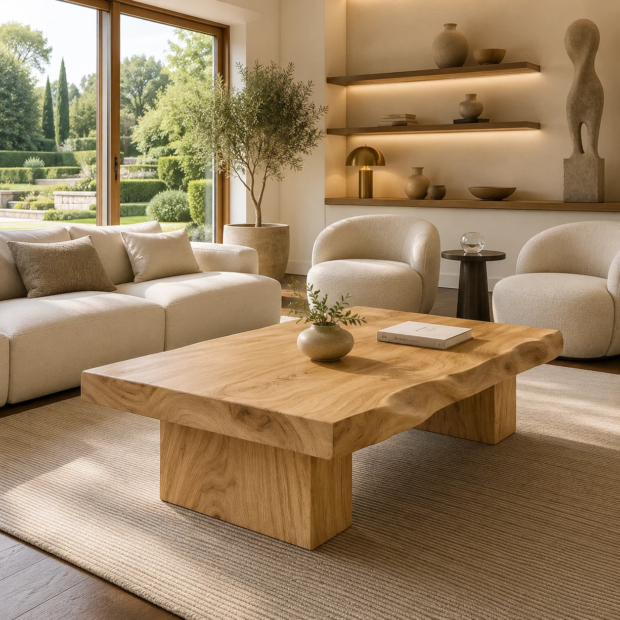 Statement coffee table with substantial slab profile and bold handcrafted wood base