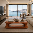 Modern coffee table with loop base and warm brown wood-tone finish in a seaside room