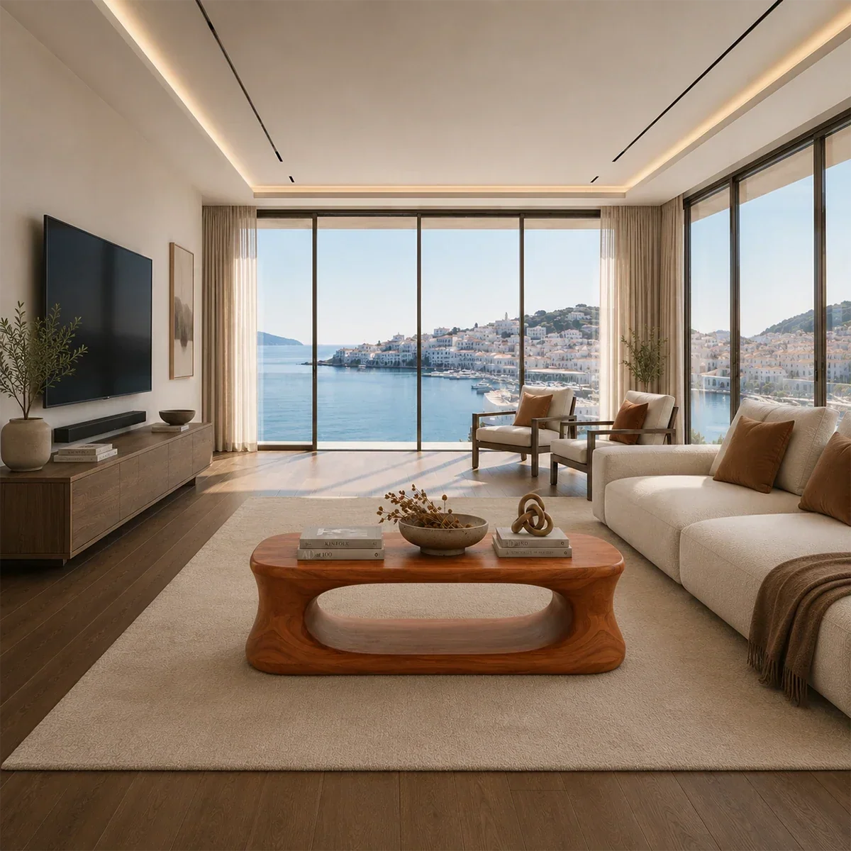 Sculptural coffee table with rounded open base and rich brown finish in a coastal space