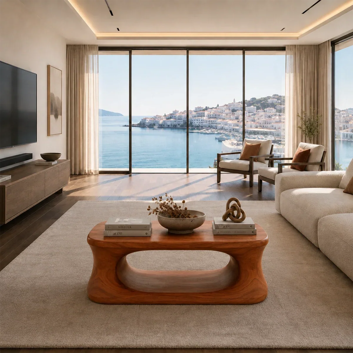 Statement coffee table with sculptural open center and smooth brown finish in lounge