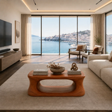 Statement coffee table with sculptural open center and smooth brown finish in lounge