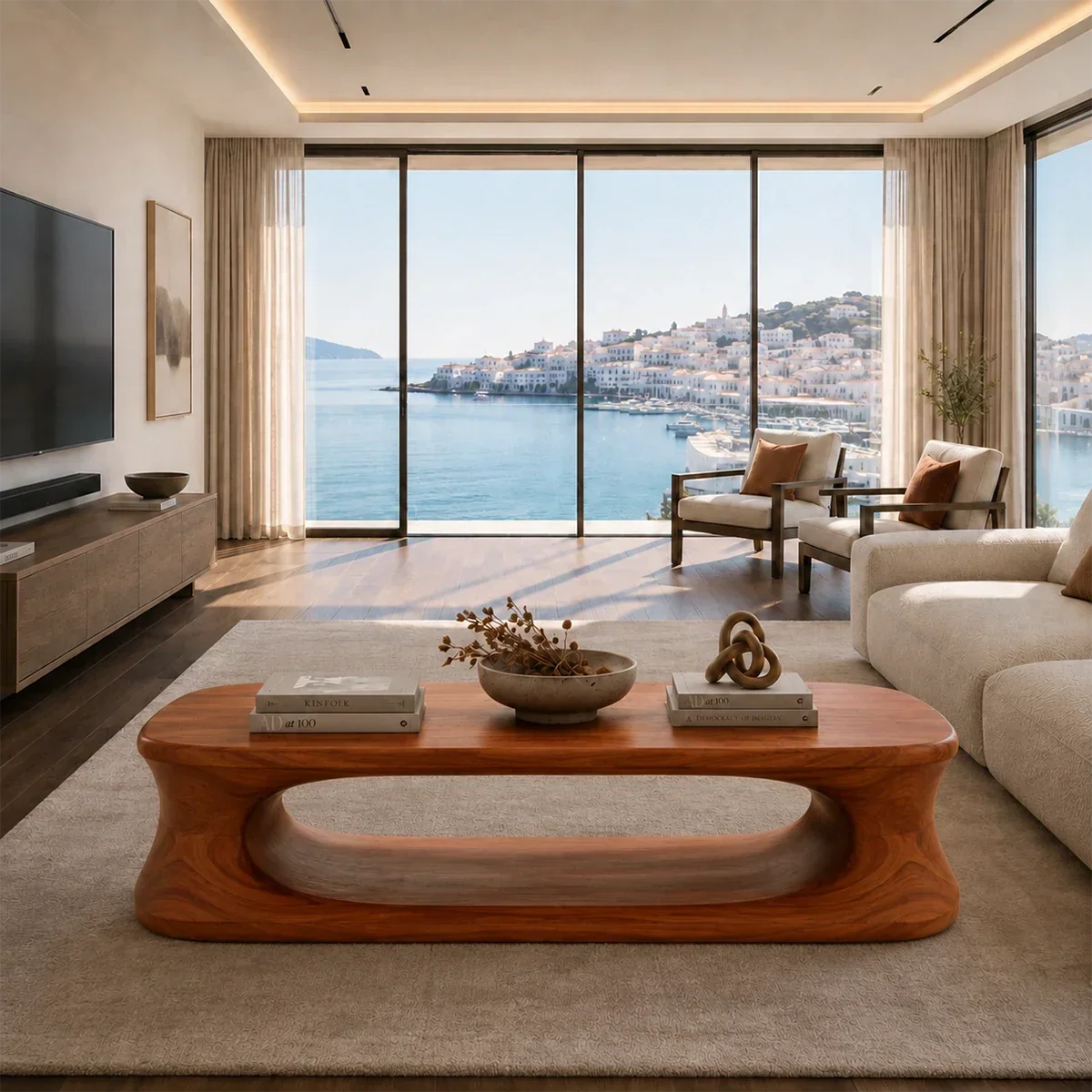 Luxury coffee table with seamless curved base and elegant brown grain-look finish