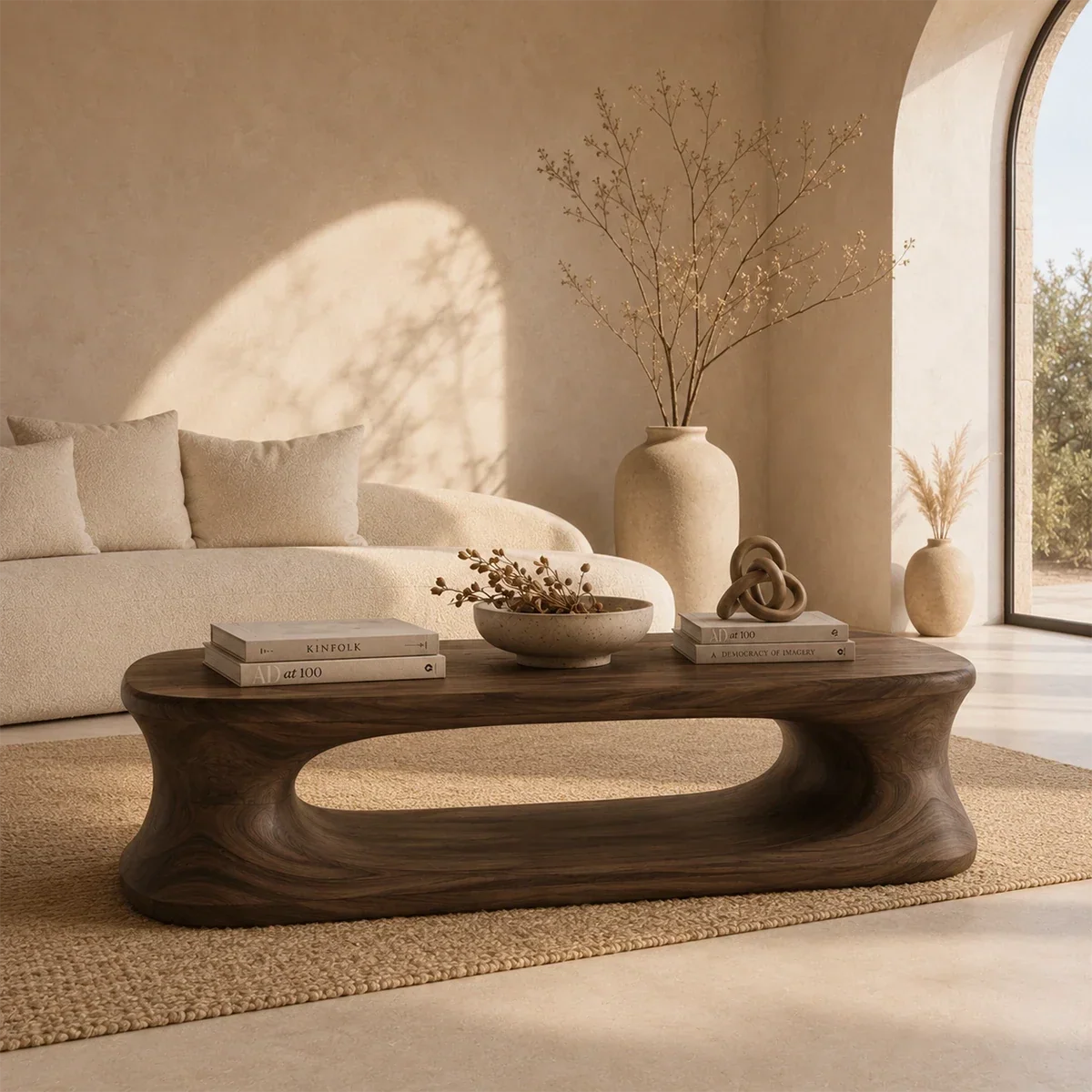 Designer coffee table with sculpted loop base and refined brown finish in bright lounge
