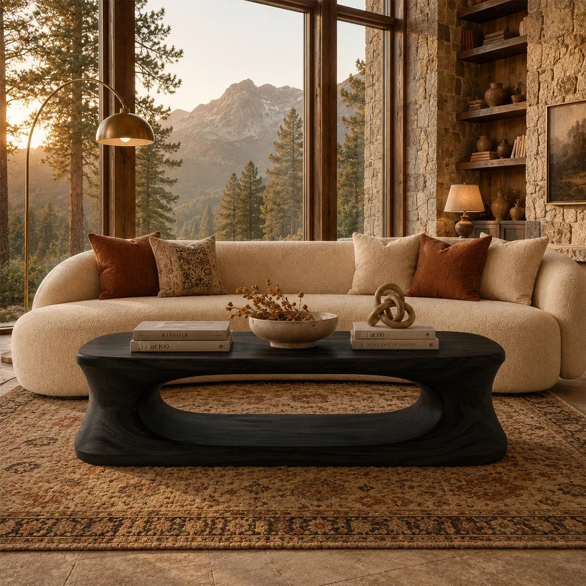 Minimalist coffee table with clean loop form and warm brown finish in calm living room