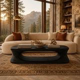 Minimalist coffee table with clean loop form and warm brown finish in calm living room