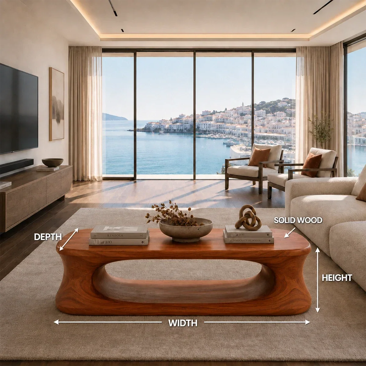 Open base coffee table with rounded rectangular top and rich brown grain-look finish
