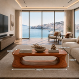 Open base coffee table with rounded rectangular top and rich brown grain-look finish