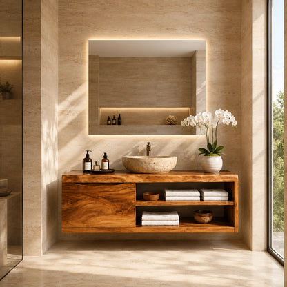 Single Door Bathroom Vanity Cabinet in Natural Solid Wood With Open Shelves - ArborisWood - 10
