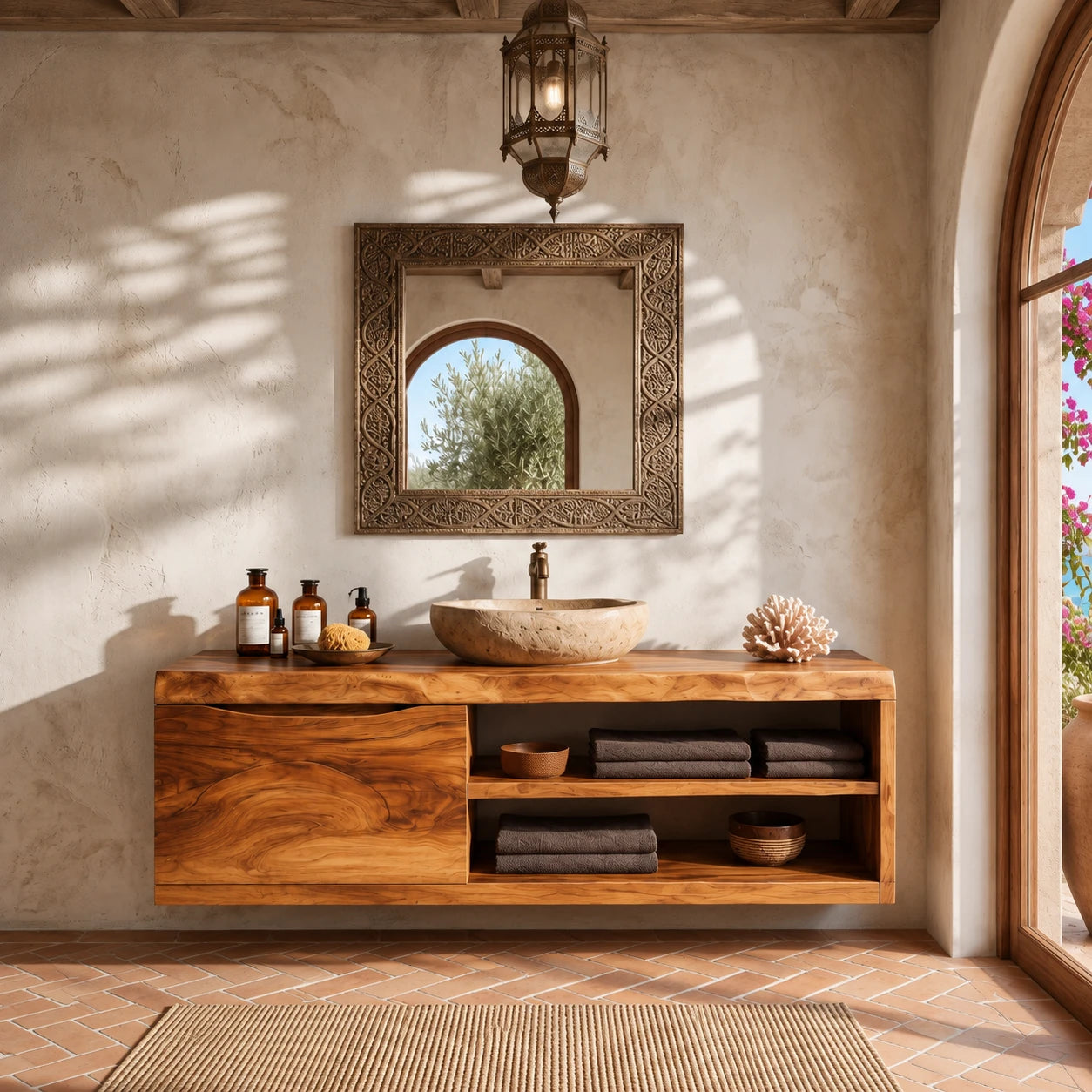 Single Door Bathroom Vanity Cabinet in Natural Solid Wood With Open Shelves - ArborisWood - 11