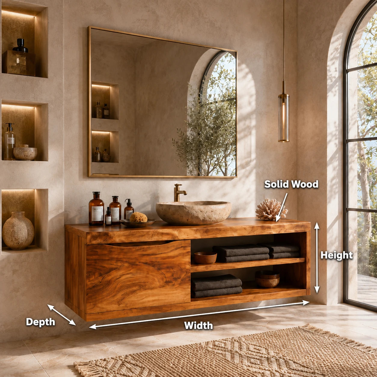 Single Door Bathroom Vanity Cabinet in Natural Solid Wood With Open Shelves - ArborisWood - 12