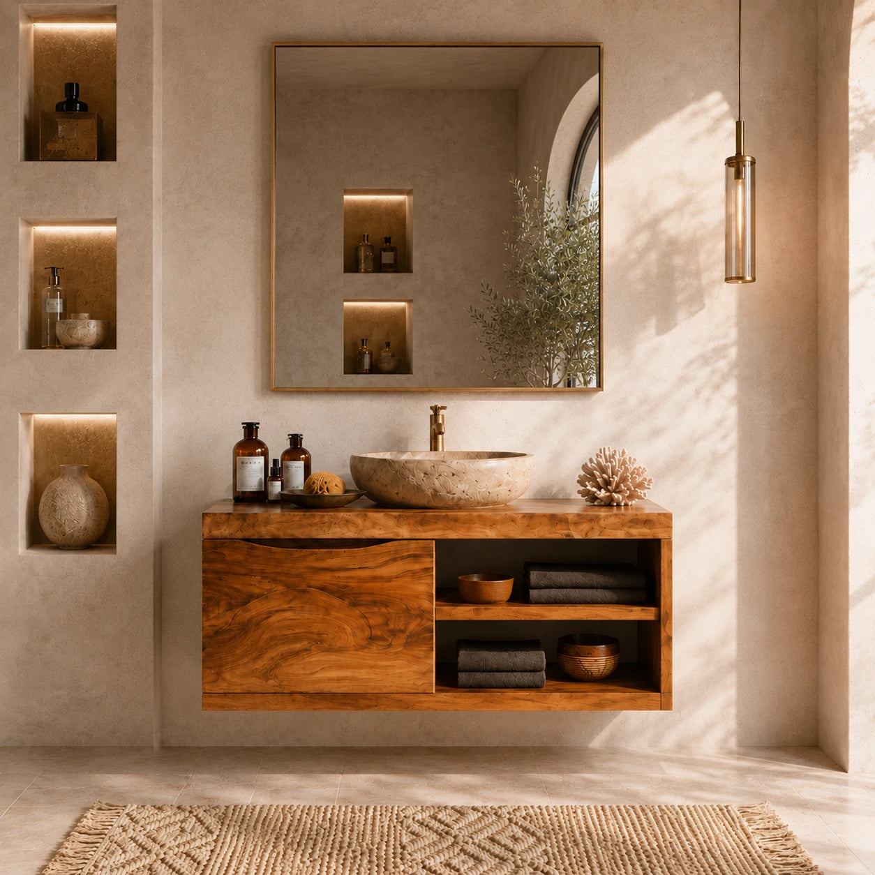 Single Door Bathroom Vanity Cabinet in Natural Solid Wood With Open Shelves - ArborisWood - 13