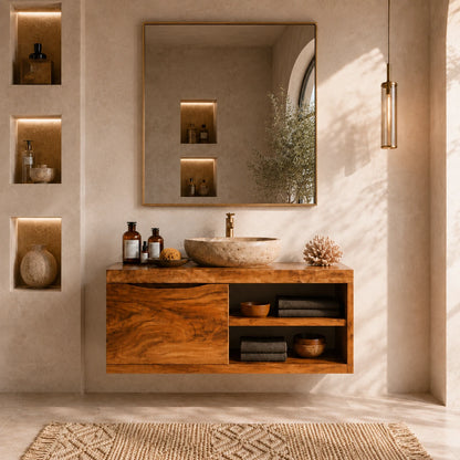 Single Door Bathroom Vanity Cabinet in Natural Solid Wood With Open Shelves - ArborisWood - 13