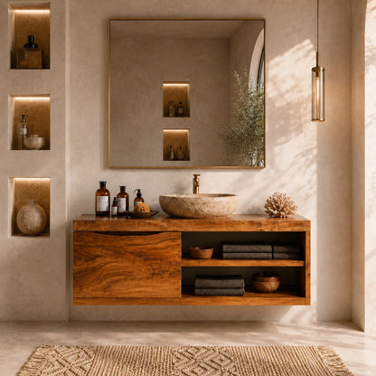 Single Door Bathroom Vanity Cabinet in Natural Solid Wood With Open Shelves - ArborisWood - 14