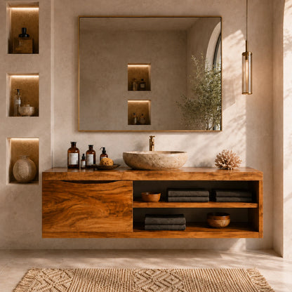 Single Door Bathroom Vanity Cabinet in Natural Solid Wood With Open Shelves - ArborisWood - 15