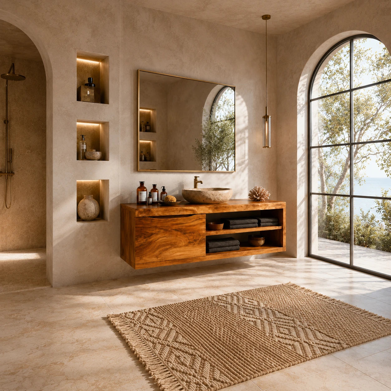 Single Door Bathroom Vanity Cabinet in Natural Solid Wood With Open Shelves - ArborisWood - 2