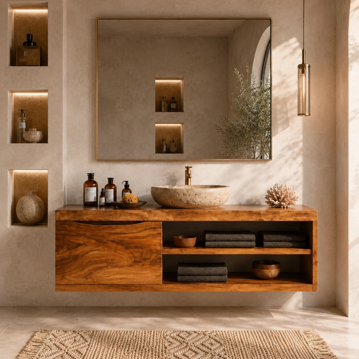 Single Door Bathroom Vanity Cabinet in Natural Solid Wood With Open Shelves - ArborisWood - 3