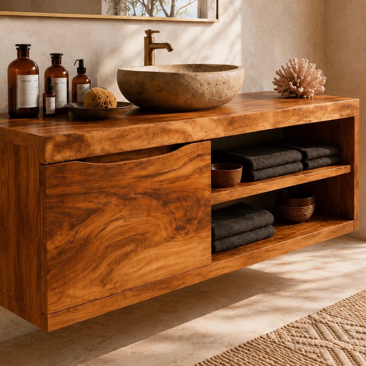 Single Door Bathroom Vanity Cabinet in Natural Solid Wood With Open Shelves - ArborisWood - 4