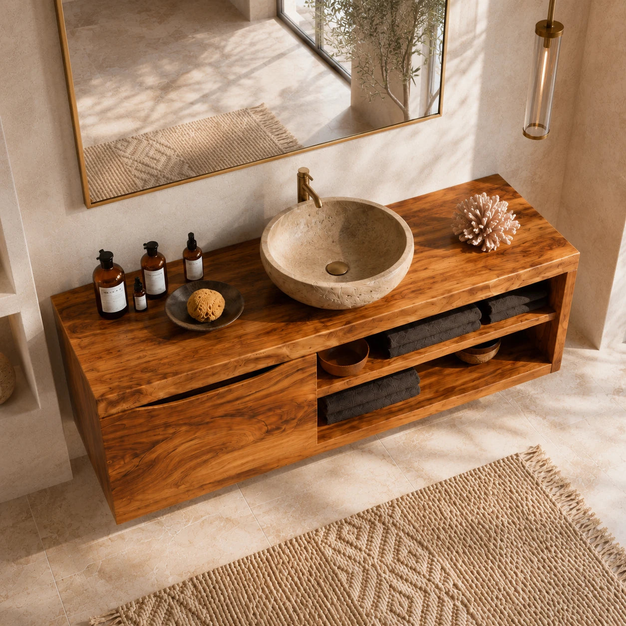 Single Door Bathroom Vanity Cabinet in Natural Solid Wood With Open Shelves - ArborisWood - 5