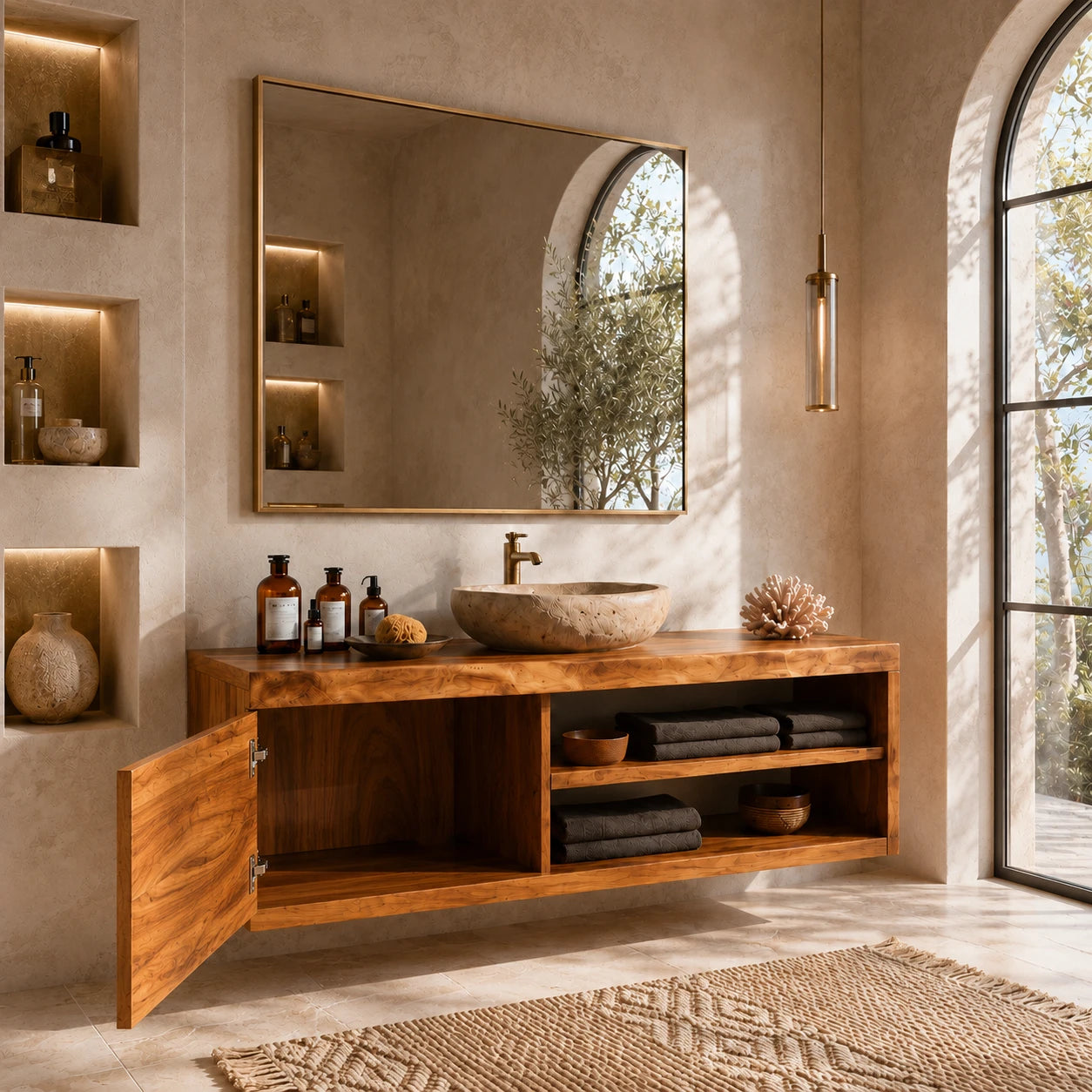 Single Door Bathroom Vanity Cabinet in Natural Solid Wood With Open Shelves - ArborisWood - 6