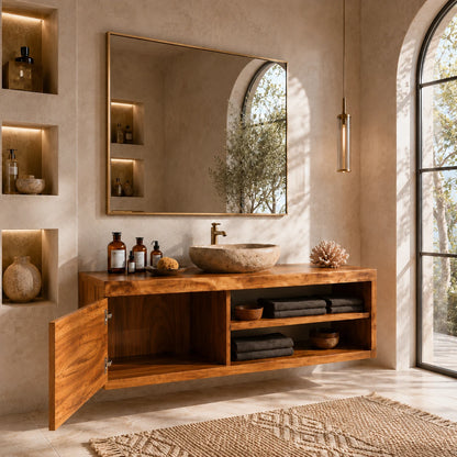 Single Door Bathroom Vanity Cabinet in Natural Solid Wood With Open Shelves - ArborisWood - 6