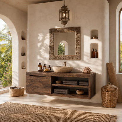 Single Door Bathroom Vanity Cabinet in Natural Solid Wood With Open Shelves - ArborisWood - 7