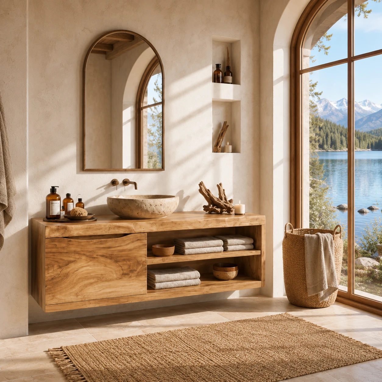 Single Door Bathroom Vanity Cabinet in Natural Solid Wood With Open Shelves - ArborisWood - 8