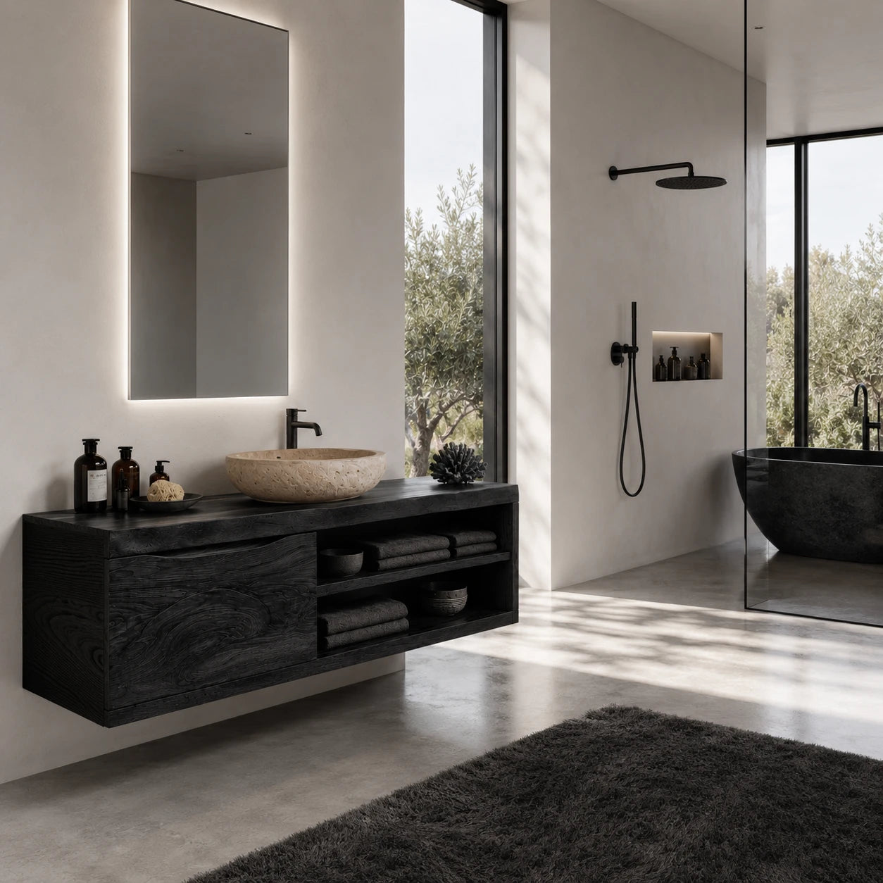 Single Door Bathroom Vanity Cabinet in Natural Solid Wood With Open Shelves - ArborisWood - 9