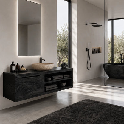 Single Door Bathroom Vanity Cabinet in Natural Solid Wood With Open Shelves - ArborisWood - 9