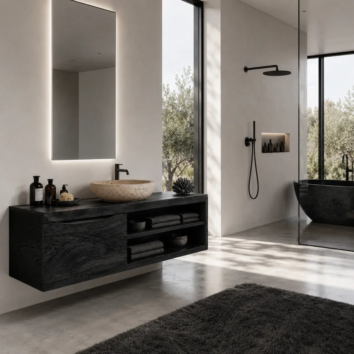 Single Door Bathroom Vanity Cabinet in Natural Solid Wood With Open Shelves - Arboriswood - 9