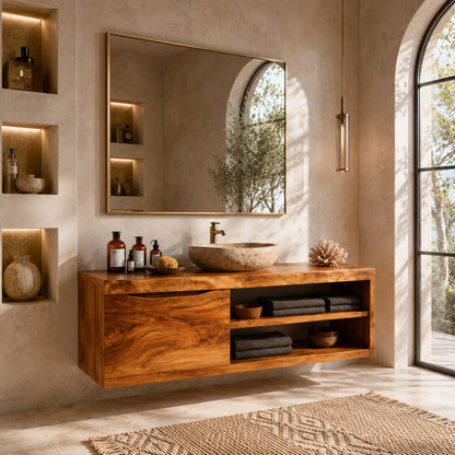 Single Door Bathroom Vanity Cabinet in Natural Solid Wood With Open Shelves - ArborisWood